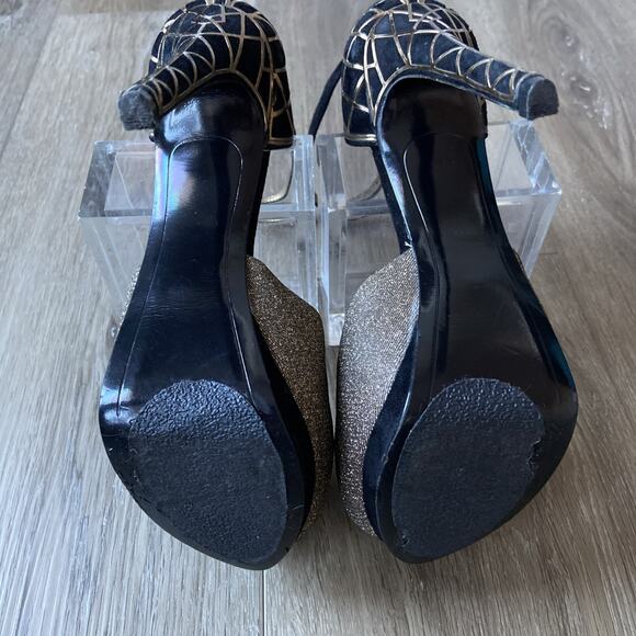 Sam Edelman Stiletto Heel Sz 7 Black Suede Gold Peep Toe Ankle Strap - Picture 7 of 14